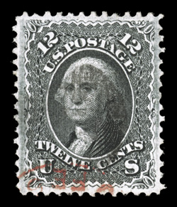 97, 12c Black, F grill, a lovely premium quality used example that is extraordinarily well centered within very large margins, strong color and a crisp detailed impression,
light cork cancel as well as a portion of a red transit marking at bot