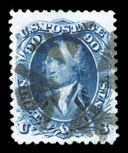 101, 90c Blue, F grill, a highly desirable used example of this scarce high value, being very well centered within extraordinarily large margins, impressively rich color and a
crisp impression on fresh white paper, neatly struck circle of wedg