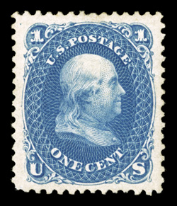 102, 1c Blue re-issue, a visually striking mint example, boasting absolutely massive jumbo margins and being perfectly centered within them, truly prooflike color and
impression on bright paper, full o.g., lightly hinged, an extremely fine gem