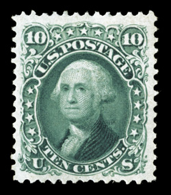 106, 10c Green re-issue, an exceptional mint example of this rare re-issue, being especially well centered amid extravagantly large margins, deep color and a razor-sharp
impression, o.g., extremely fine few of the 451 sold are found in this pre