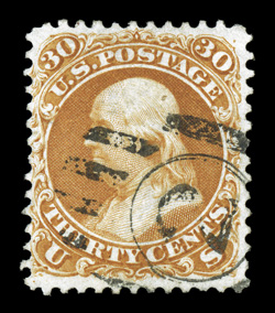 110, 30c Brownish orange re-issue, nicely centered and margined for this, deeply rich color and an intense re-issue impression, light duplex cancel, minute tear at left,
otherwise very fine one of the rarest of all the re-issues to find used,