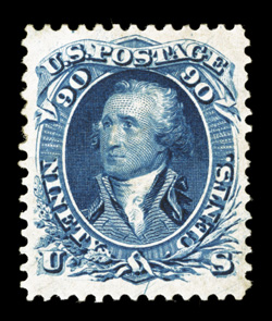 111, 90c Blue re-issue, a particularly choice and handsome mint example of this re-issue rarity, being among the very few of the 317 issued that is sound, still retains its
full original gum and is incredibly well centered, eye-arresting col