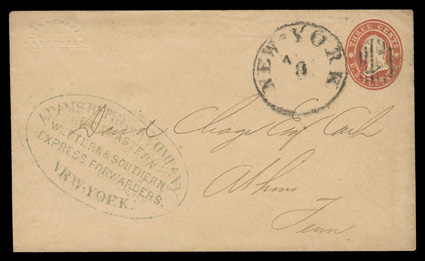 Adams Express CompanyGreat EasternWestern & SouthernExpress Forwarders.New-York. nicely struck large blue oval handstamp on 3c Red on buff entire (U27) cancelled by New York
duplex postmark, carried North to South thru the Lines to Athen