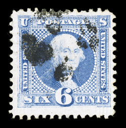 115 var., 6c Ultramarine, quadruple split grill, showing significant portions of grills in all four corners, wonderfully bright and fresh, well centered within large margins,
very fine while the splitting of two grills on one stamp occurs with