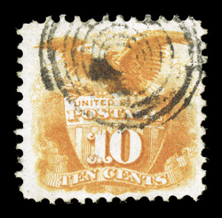 116, 10c Yellow, cancelled solely by a rare seven-ring Canadian target pmk., stamp is well centered within large margins, bright color, very fine a very rare cancel on the 1869
Issue 2008 PF certificate.