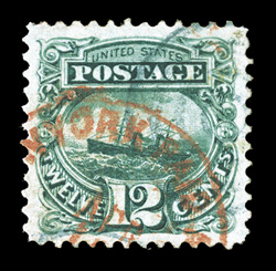 117, 12c Green, an eye-appealing used single, with large and wonderfully well balanced margins all around, sumptuously rich color and a deeply etched impression, light blue
cancel as well as a large portion of a red New York exchange off