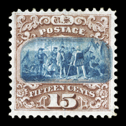 118, 15c Brown and blue, Ty. I, a handsome example of this rare mint stamp, which happens to also display a shifted vignette (the blue vignette shifted well to the right),
attractive colors, full original gum, extremely fine one of the ve