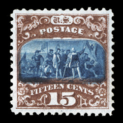 119, 15c Brown and blue, Ty. II, a gorgeous mint single that features eye-arresting intense colors and impressions on fresh paper, plus it is remarkably well centered within
large margins, part o.g., extremely fine few mint 119s exist this we