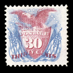 121, 30c Blue and carmine, brilliantly fresh colors and clean impressions, full fresh o.g. that has been very lightly hinged, nearly very fine a rare mint stamp 2000 PF
certificate.