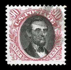 122, 90c Carmine and black, a most attractive and desirable used example of this popular high value, being marvelously well centered amid lavishly large margins all around,
bright fresh color on clean white paper, uncharacteristically light canc
