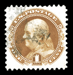 123, 1c Buff re-issue, used, uncharacteristically well centered and margined, lovely rich color on fresh white paper, lightly cancelled, extremely fine 1991 PF
certificate.