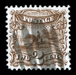 124, 2c Brown re-issue, an absolutely gorgeous used example possessing nearly perfect centering, even its color is out of the ordinary being particularly deep and its
impression is razor-sharp on brilliantly white paper, all surrounded by even a