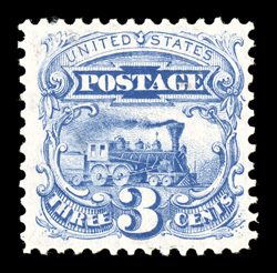 125, 3c Blue re-issue, an incredibly bright and fresh example of this rarity, possessing an marvelous overall brilliance few others of the 1,406 sold can match, with beautiful
color and a crisp clean impression on immaculate white paper, well ce