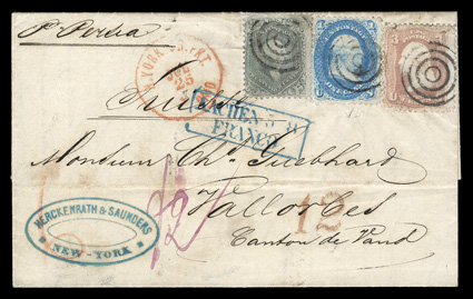 63, 65, 78, 1c Blue, 3c Rose and 24c Lilac, cancelled by targets on 1866 folded letter to Switzerland, red N. York Br. Pkt.PaidJul 25 exchange office postmark, red 12 credit
handstamp, blue boxed Aachen 5 8Franco and ms. f2 (silbergro
