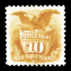 127, 10c Yellow re-issue, exceedingly well centered amid particularly large margins, bright color, full o.g., lightly hinged, extremely fine a highly select mint example of
this scarce re-issue, of which only 1,947 were sold 2000 PF certificat