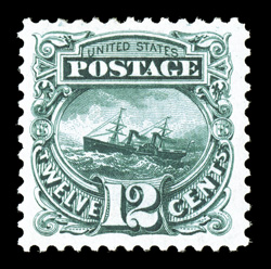 128, 12c Green re-issue a lovely mint single that features radiant color and a prooflike impression on bright fresh paper, in addition it is exceptionally well centered within
uncommonly large margins, full o.g., very lightly hinged, extremely f