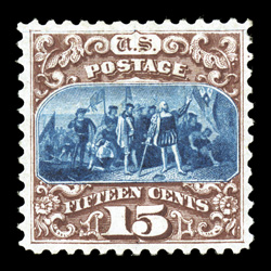 129, 15c Brown and blue re-issue, Ty. III, premium quality mint example, being extraordinarily well centered within large margins, especially deep luxuriant colors and
razor-sharp impressions on crisp paper, full o.g., relatively lightly hinged,