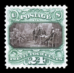 130, 24c Green and violet re-issue, beautifully centered mint single, with marvelously balanced margins all around, lovely bright rich colors, o.g., lightly hinged, extremely
fine an uncommonly choice example, of which only 2,091 were sold 198