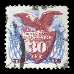131, 30c Blue and carmine re-issue, used, well centered within large margins, strong rich colors and unusually sharp impressions, cancel leaves the design clearly visible, a
very fine and quite choice example of this re-issue, which is particula