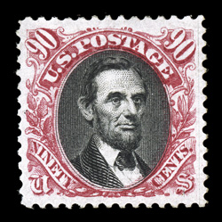 132, 90c Carmine and black re-issue, handsome mint example of this scarce re-issue high value, exceedingly well centered within very large margins, wonderfully bright and
fresh, full o.g., lightly hinged, extremely fine only 1,356 sold 1994 an