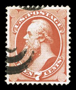 138, 7c Vermilion with grill, a premium used example of this scarce grilled stamp, possessing unusually large margins all around and being wonderfully well centered within
them, sumptuously rich color, face-free target pmk., particularly well de