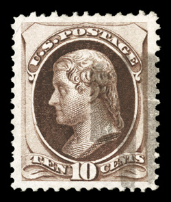 139, 10c Brown with grill, a visually stunning used example, boasting enormously large margins all around and being incredibly well centered within these impressive borders,
gorgeous sumptuously rich color and a clean crisp impression on bright