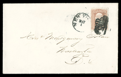65, 3c Rose, well centered single tied by New YorkMay 1 c.d.s. and a beautiful bold strike of matching Waving Flag fancy cancellation (Skinner-Eno PT-F1) on cover to Washington,
D.C., Carrier backstamp, fresh and extremely fine.