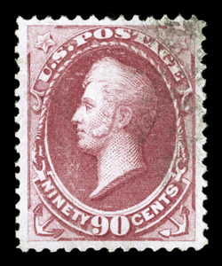 144, 90c Carmine with grill, well centered amid exceptionally large margins, strong color, light cancel, faint trace of a small crease at top right, otherwise choice very fine
clear 1999 PF certificate.