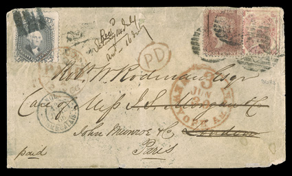 78b, 24c Gray, natural s.e. at left, tied by cork cancel and red London Paid receiver to cover to London, red New York Am Plt.3Jun 30 exchange office postmark, then forwarded to
Paris with Great Britain 1d Rose red and 3d Vermilion (33, 44)