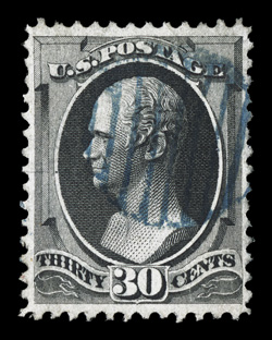 154, 30c Black, well centered, strong color and impression, light blue grid cancel, very fine there is disagreement over whether or not this stamp has a grill, the 1992 PF
certificates calls it a Scott 143, while the 2009 PSE certificate calls