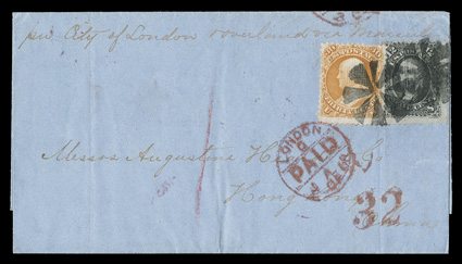 97, 100, 12c Black, F Grill and 30c Orange, F Grill, tied to each other and to 1868 Augustine Heard correspondence folded cover to Hong Kong by segmented cork cancels, red New
York Paid AllTransitNov 21 exchange office backstamp, end