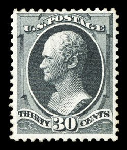 165, 30c Gray black, a pleasing mint example of this terribly difficult value, nicely centered, strong characteristic color, full and even perforations, disturbed o.g., trivial
h.r., fine.