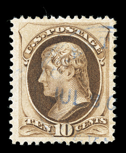 188, 10c Brown, with secret mark, extraordinarily well centered within uncommonly large margins, rich color, cancelled by a light and very scarce violet postmark, which is not
listed in Scott on this stamp, extremely fine used gem 2009 PF c