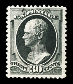 190, 30c Full black, deep intense color and impression, nicely centered within large margins, o.g., lightly hinged, very fine and choice 1992 and 2005 PF
certificates.