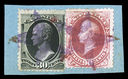 190-91, 30c Full black and 90c Carmine, fine singles of each tied to small piece by two strong strikes of large purple five point star cancellation, 90c with a hint of soiling
at top, still fine and attractive.