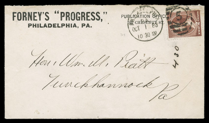 210, 2c Red brown, beautifully centered single with a natural s.e. at right, tied by a nice clear strike of Philadelphia, PaOct 1 83 first day of issue duplex post mark to
cover to Tunckhannock, Pa. with Forneys Progress printed corner