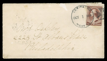 210, 2c Red brown, fine single tied by fancy Maltese Cross cancel and matching Lewisberg, West Va.Oct 1 1883 first day of issue datestamp to cover to Philadelphia with original
enclosure, backstamped in Philadelphia the next day, very fin