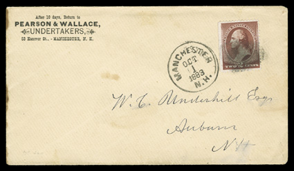 210, 2c Red brown, fine single with a natural s.e. at left, tied by cork cancel and matching boldly struck Manchester, N.H.Oct 1 1883 first day of issue datestamp to cover to
Auburn, N.H. with undertakers printed corner card, trivial edg