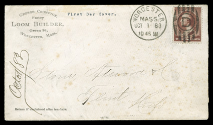 210, 2c Red brown, fine single with luxuriant deep color, pulled perf. at upper left, tied by bold Worcester, Mass.Oct 1 83 first day of issue duplex postmark to corner card
cover to Flint, Mich., Oct. 3rd arrival backstamp, some scattere