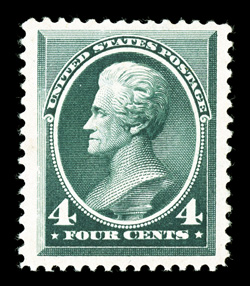 211, 4c Blue green, excellent centering within lavishly large margins, deep rich color and a strong impression, o.g., lightly hinged, extremely fine 2001 PF certificate and a
2004 PSE certificate (XF 90 Jumbo SMQ $620.00 for 90 and $1,100.00 f