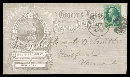 158, 3c Green, natural s.e. at right, tied by New YorkSep 5 c.d.s. and matching  Devils Mask fancy cancel to cover to Guilford, Vermont with all-over grey advertisement for
Grober & Baker Sewing Machines, fresh and very fine.