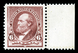 224, 6c Brown red, a magnificent right sheet-margin mint single in a quality that is almost never encountered on this stamp, as it possesses impeccable centering amid
particularly wide margins, lovely fresh color as well, o.g., never hinged, ext