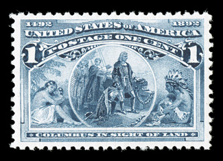230, 1c Columbian, a truly superb mint example, being not only flawlessly centered within large margins, but it is also incredibly fresh, with brilliantly rich color on
immaculate white paper, pristine o.g., never hinged, an extremely fine gem f
