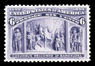 235, 6c Columbian, sumptuously rich color in an especially deep shade, razor-sharp impression on bright paper, exceptionally well centered, o.g., n.h., extremely fine a
pristine example 2009 PSE certificate (XF 90 SMQ $340.00).