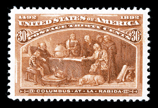 239, 30c Columbian, gorgeous color that is incredibly rich and bright, outstanding impression on pristine white paper, well centered within particularly wide margins, o.g.,
n.h. (tiny gum skip), choice very fine clear 2002 PF certificate.
