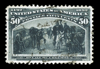 240, 50c Columbian, particularly well centered within large margins, sumptuously rich color and a deeply etched impression, light duplex cancel, extremely fine actually a very
challenging stamp to find in this choice used quality 2006 PF certi