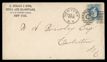 182, 1c Dark ultramarine, single with natural s.e. at right, tied by New York, N.Y.Feb 1 Levitt experimental machine cancel (Type X1A, Die 1), to cover to Charleston, S.C. with
merchants corner card, unsealed flap for circular rate, very