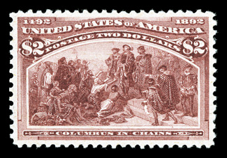 242, $2.00 Columbian, a highly desirable mint example, being wonderfully well centered within large margins, lovely bright color on crisp paper, fresh clean o.g. that has been
just faintly hinged, extremely fine 1985 and 2005 PF certificates.