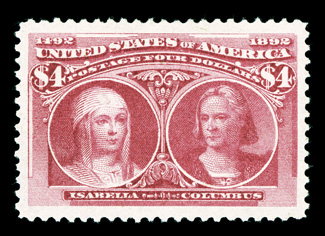 244, $4.00 Columbian, an eye-arresting jumbo mint single, possessing absolutely huge margins all around and being beautifully centered within these oversized borders, brilliant
color on clean white paper, o.g., lightly hinged, extremely fine an