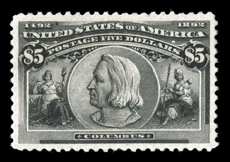 245, $5.00 Columbian, an outstanding mint example, featuring extraordinary centering within remarkably large and balanced margins all around, strong color and a well incised
impression, o.g., lightly hinged only once, extremely fine a fabulous